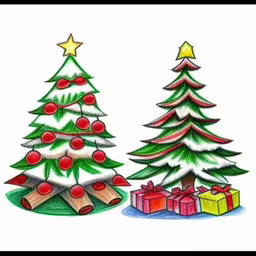 a couple of trees with presents by them,christmas trees decorated with ornaments and presents,an art project with some christmas tree and presents,two christmas trees with presents underneath them,christmas tree with presents and a star