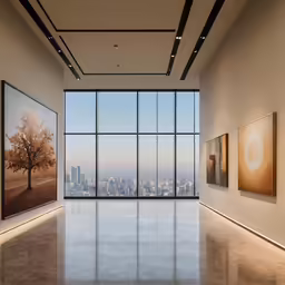 a view from inside a large building looking at trees