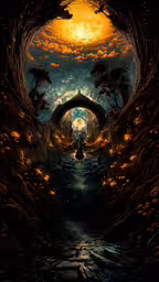 the portal to nowhere is open for all to see,a surreal landscape with a river flowing into a portal at night
