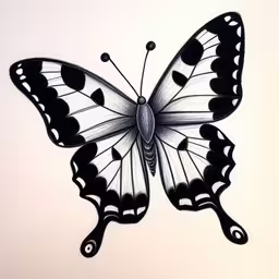 black and white drawing of a butterfly,a drawing of a large butterfly on white,a drawing of a butterfly sitting on top of a table,this is a black and white butterfly on a light grey background,a white and black butterfly in flight, drawing