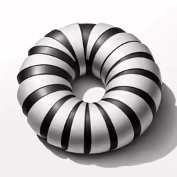 black and white striped donut sitting in the middle of the floor