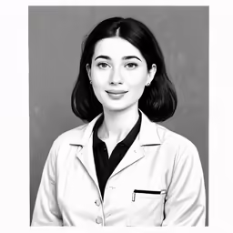woman in white lab coat posing for a black and white photo