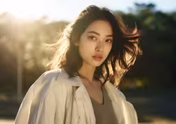 an asian woman is posing for the camera,a girl with dark hair and light jacket poses for the camera