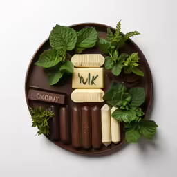 assorted chocolates and green herbs on plate with word