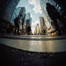 a group of people walking down a city street
