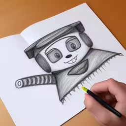 a person holding a pencil in their hand drawing a picture,someone drawing a panda bear with a pencil
