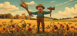a child standing in a field holding a large object,a painting shows a young man with a farmer