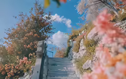a painting showing a stairway leading to trees