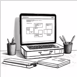 a drawing of a laptop on a desk with pens and a cup