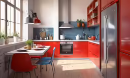 a red kitchen with stainless steel appliances and blue accent tiles