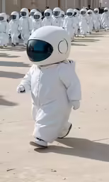 several people dressed up as astronauts walking in formation