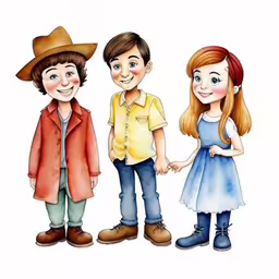 the kids are dressed in different colors and sizes,cartooned children in western attire stand next to each other