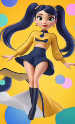 an illustration of a girl with blue hair and a yellow shirt