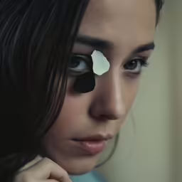 a woman looking into the camera with black and white tear on her face