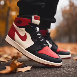 man in red and black nike sneakers standing on the ground