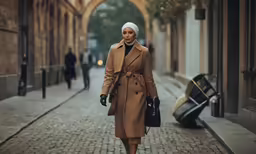 a woman is walking down a sidewalk in an open area