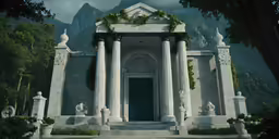 a white building with pillars and stairs near trees