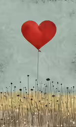 a heart balloon floating in the air above a field