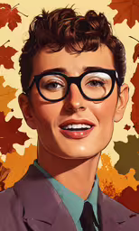the face of a man with glasses, painted in an orange background,a cartoonized woman wearing black glasses and a blue shirt
