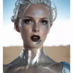a woman with white makeup and silver paint