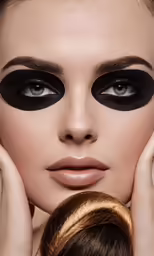 a woman is dressed in black and has her hair styled into a bun
