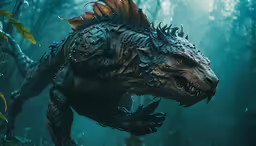 the last kingdom dinosaur attacking in a dense forest