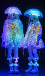 two little girls in rain boots holding lit up umbrellas