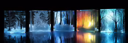 the four colored lights are glowing in the dark,three glass vases sitting next to each other