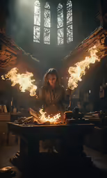 woman standing with flames inside a building