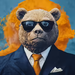 a bear wearing glasses is dressed in a suit and tie