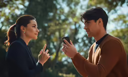 a man and woman looking at an electronic device