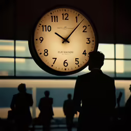 the clock is lit up by several people in silhouette