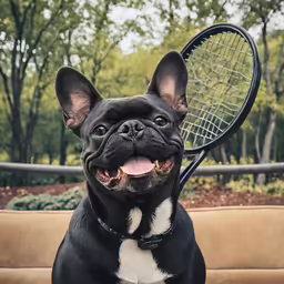 the small black dog is holding a tennis racket in its mouth