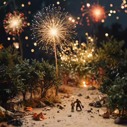 a figurine stands in front of fireworks