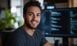 a man smiling in front of a computer screen