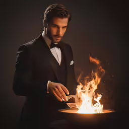 man cooking a dinner in front of a lit fire