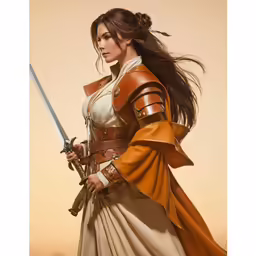 a woman in a costume holds a sword