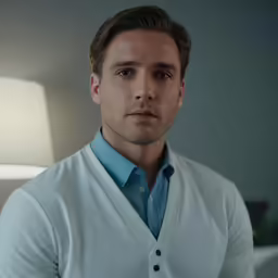 a man in blue shirt and light sweater standing