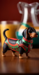 a tiny dachshund statue sitting on a table