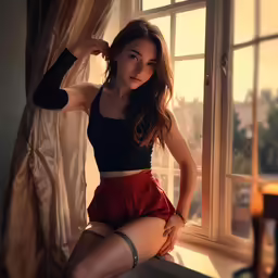 a beautiful woman sitting in front of a window