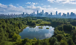 the forest is full of green trees and a large lake surrounded by green land with skylines in the background