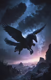 a large bird flying through the air over a lush green field