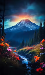 a painting of a mountain landscape in the wilderness