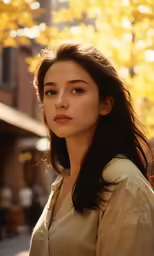 a woman looking into the distance with an orange tree in the background