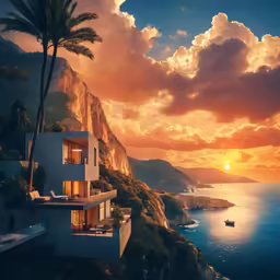 a house overlooks the ocean during sunset