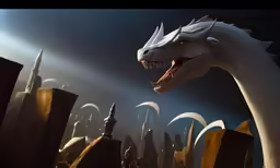 a giant white dragon with sharp teeth is near a city