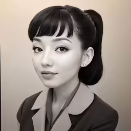the black and white photo of an asian girl with long dark hair and an eyeliner