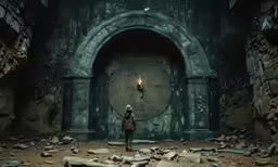 a man standing in front of a door surrounded by rocks