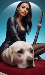a woman wearing all black posing next to a dog