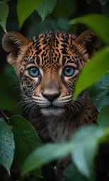 a leopard with blue eyes hiding among green leaves